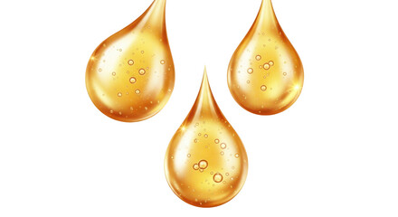 Three golden honey drops or cosmetic serum blobs with bubbles. Isolated on transparent background, png