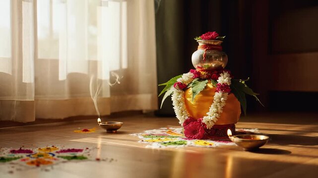 Gudi Padwa Kalash Arrangement Traditional Indian Festival Decor