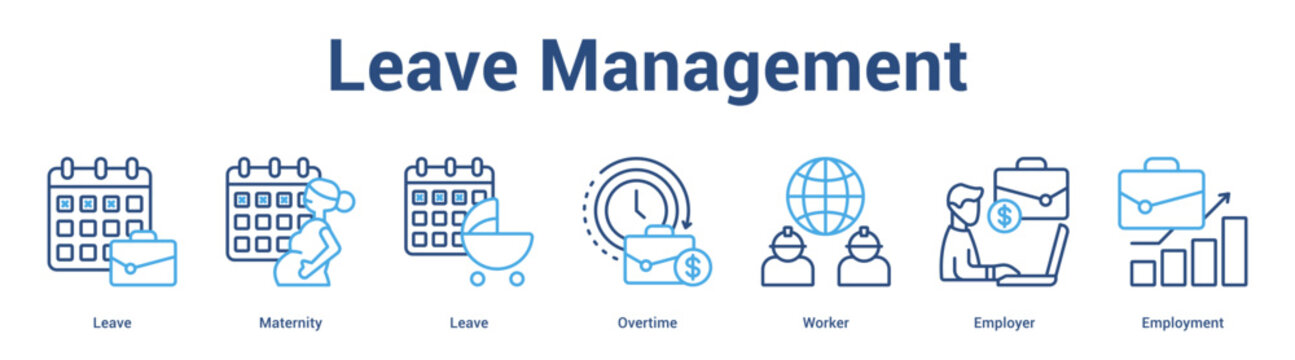 Leave Management web banner icon set vector illustration concept for business with icon of Leave, Maternity, Leave, Overtime, Work.