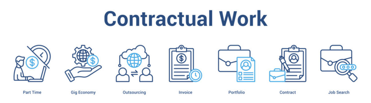 Contractual Work web banner icon set vector illustration concept for business with icon of Part Time, Gig Economy, Outsourcing, Invoice, Portfolio, Contra.