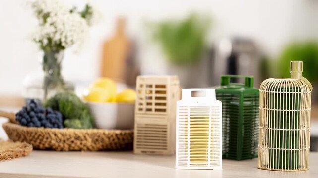 Medium shot of ecofriendly pest traps set discreetly in a kitchen area highlighting secure pest management without harm to household animals.