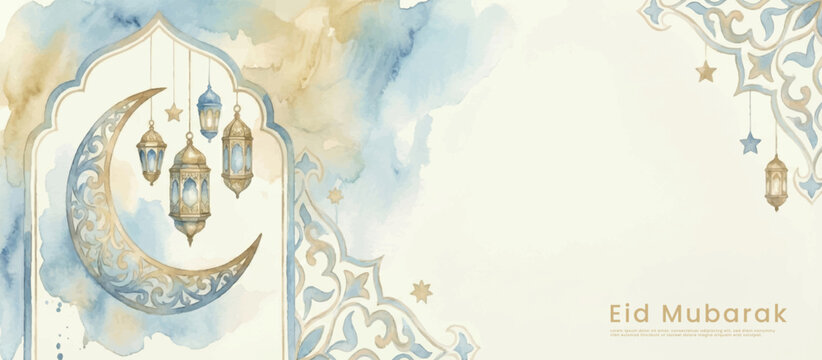 Soft blue and gold Ramadan Kareem wide banner template for corporate greetings, email newsletters, social media ads, and mosque event promotions