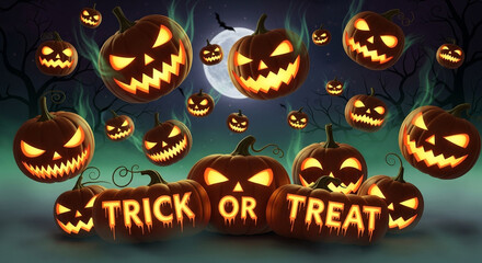 Glowing Jack-o-Lanterns with Trick or Treat Sign in Spooky Halloween Night Scene with Warm Orange Lighting for Party Invitation