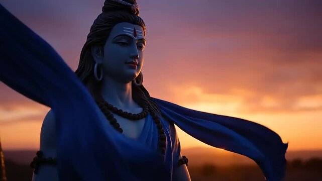 Lord Shiva statue at sunset with flowing blue cloth.