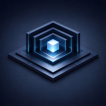 Abstract zero trust cybersecurity architecture with glowing core cube and digital network layers