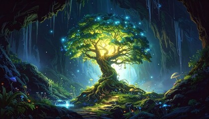 Fototapeta premium Enchanted Tree of Life in a Mystical Cave.