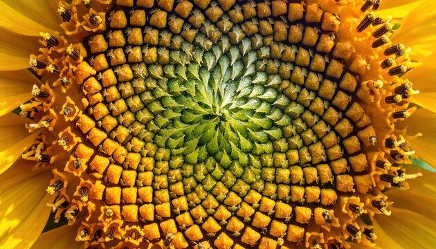 Close-up of a Sunflower Head Displaying Fibonacci Sequence Spirals.