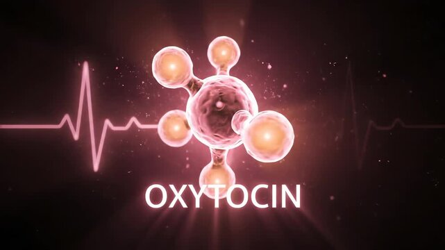 Scientific illustration of the Oxytocin molecule, a vital hormone linked to social bonding, emotional well-being, and love, dynamically displayed with a symbolic heartbeat graph