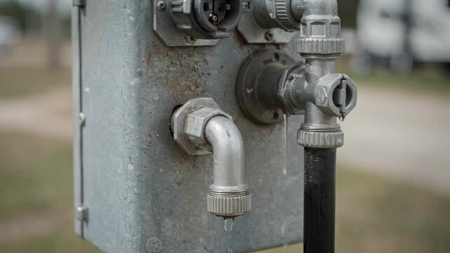 Focused shot on dualservice power connectors at a utility pedestal with complementary water and sewer fittings foreground crisp and background softly diffused.