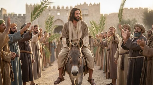 Jesus Christ Riding a Donkey Entering Jerusalem as People Wave Palm Branches