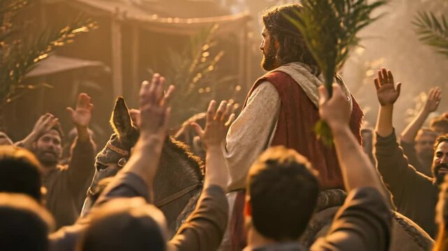 Jesus Christ Riding a Donkey Entering Jerusalem as People Wave Palm Branches