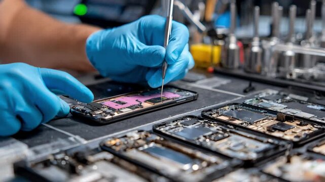 Closeup view of a tech specialist cleaning smartphone internal parts to optimize device performance in an organized repair station
