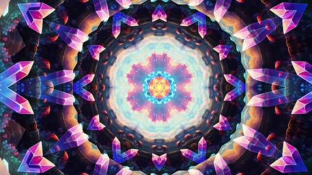 Abstract kaleidoscope fractal loop with seamless infinite motion. Hypnotic mandala pattern with vibrant colors, perfect for backgrounds, music visuals, meditation, VJ loops, and digital art.