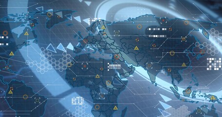 Naklejka premium Displaying stylized global map with hex clusters and warning icons on dashboard, showing arrows