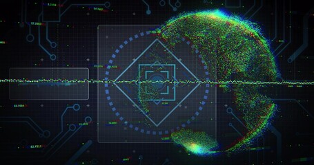 Displaying particle globe on right, tracing central waveform, HUD panels, circuit grid, copy space