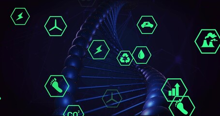 Featuring glossy blue DNA helix connecting neon green hex icons in virtual space, data network