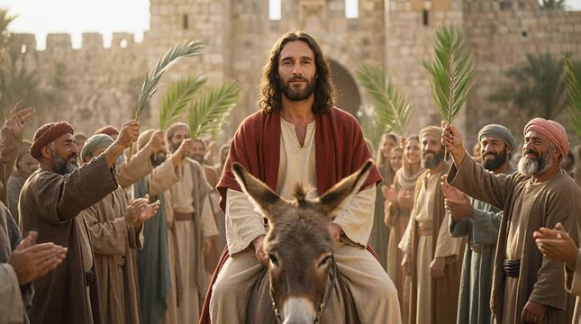 Jesus Christ Riding a Donkey Entering Jerusalem as People Wave Palm Branches