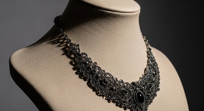 Exquisite Black Beaded Statement Necklace Displayed on a Textured Mannequin Neck Form with Dramatic Spotlight Lighting and a Dark Gradient Background