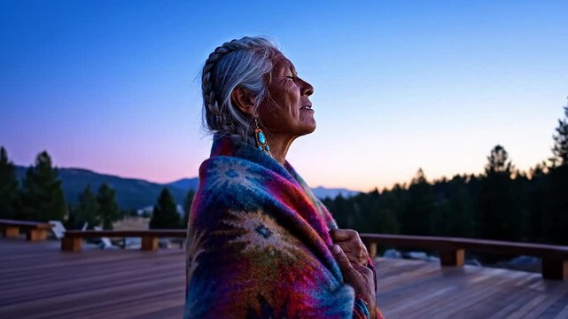 Native American senior woman wrapped in patterned blanket on wooden deck at blue hour, peaceful sunrise meditation and wellness retreat mood, mindfulness for Indigenous Peoples Day