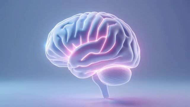 Glowing brain model displayed on a blue background from a front viewpoint as a 3D illustration
