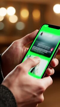 Green Screen 4k man using iphone 12 smartphone viewing on phone press browsing chroma key online typing text reading social media close up hands 24 04 21 st petersburg russia scene 3 with distortion