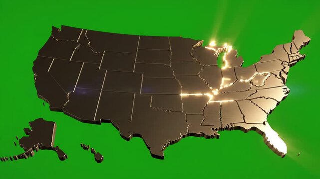 Green Screen map of united states america showing different animated usa contiguous lower 48 u s state on an isolated chroma key background scene 3 with distortion, overlay, glitch, static noise, scan