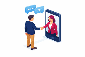 Virtual business handshake on smartphone screen. Isometric illustration of remote agreement, online partnership, and successful digital deal making.