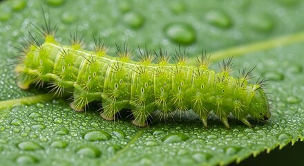 Fototapeta premium Green Caterpillar on Wet Leaf Closeup.