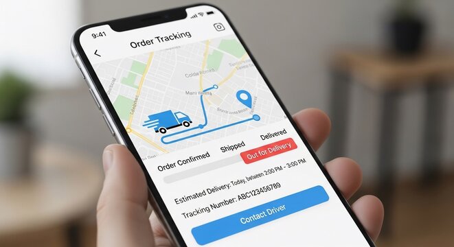 Hand holding smartphone displaying order tracker map with delivery route and vehicle on screen in a blurred indoor setting