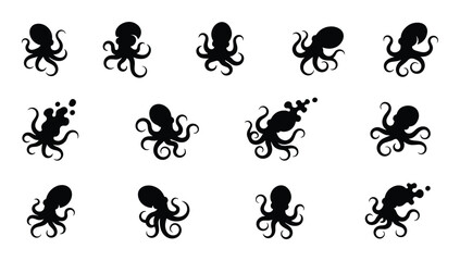 Collection of octopus silhouette vector illustration in various styles and positions © GoDesigner