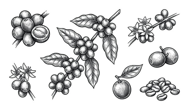 Coffee plant branch with beans in vintage engraving style organic arabica coffee beans drawing