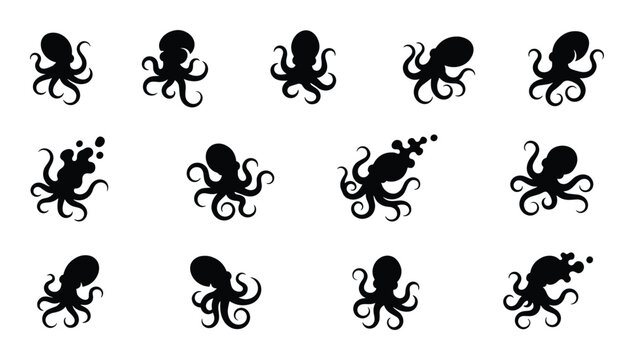 Collection of octopus silhouette vector illustration in various styles and positions