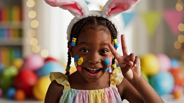 happy easter celebration young girl smiling face paint pastel colors bunny ears joyful festive atmosphere childhood innocence delight