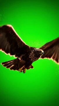 Green Screen buzzard bird flying wings spread scene 3 with distortion, overlay, glitch, static noise, scan lines on black background, 4k animated video loop
