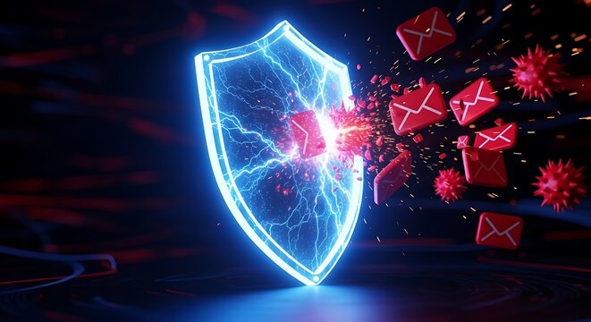 Data Protection and Internet Security Concept. Glowing blue cybersecurity shield defending against digital threats, spam email, viruses, and malware attacks on a dark background.