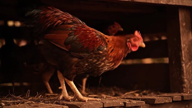 A chicken walks on a wooden floor inside a coop, viewed from the side in a rustic environment.