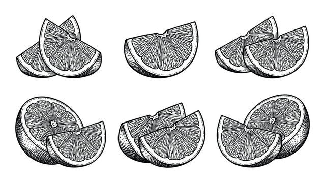 Orange wedge in vintage engraving drawing style with citrus fruits slice and pulp on peel