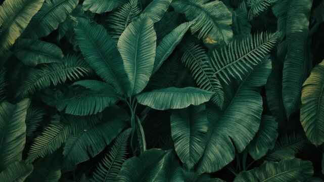 Lush tropical green leaves creating a natural jungle background