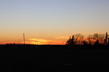 Rural sunset with silhouetted trees and utility pole against vibrant orange evening sky, peaceful countryside horizon at dusk with dramatic color gradient.