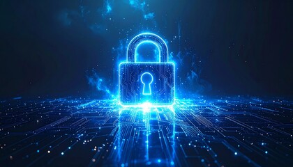 Glowing cyber security padlock on circuit board
