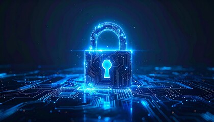 Glowing cyber security padlock on circuit board