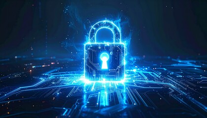 Glowing cyber security padlock on circuit board