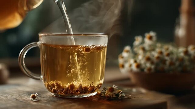 Medium shot of chamomile herbal tea being poured into a glass cup highlighting the warm golden hues and calming steam for relaxation