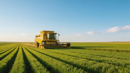 Obraz premium Yellow combine harvester in green field