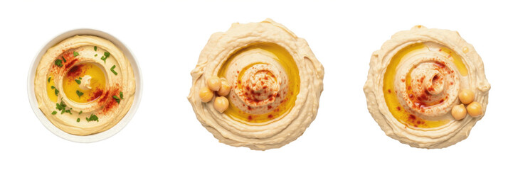 Top-down view of hummus sauce isolated on white background, ideal for Mediterranean cuisine, dipping, sandwiches, salads, cooking, and culinary photography
