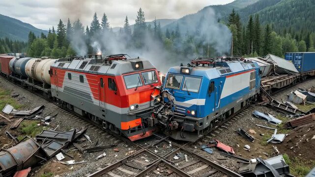 Two freight trains collide on a mountain track with smoke rising, showing the aftermath of a catastrophic accident.