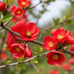 Red Quince Flowers on Branch.