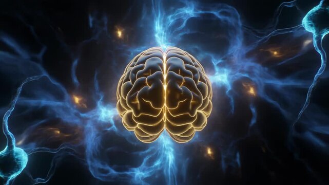 A glowing brain surrounded by blue lightning and sparks, symbolizing mental energy and activity in a dark environment from a frontal viewpoint