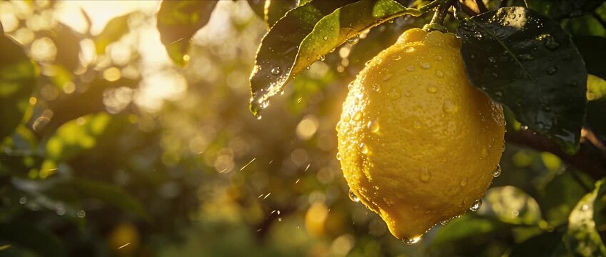Lemon fruit citrus yellow drop water leaf tree nature sunrise cinematic orchard garden with ripe lemon fruit hanging from branch in golden morning light and fresh dew water drop detail