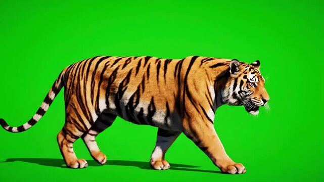 Green Screen tiger slowly walking seamlessly looped on real shot isolated chroma key perfect for digital composition cinema 3d mapping scene 3 with distortion, overlay, glitch, static noise, scan